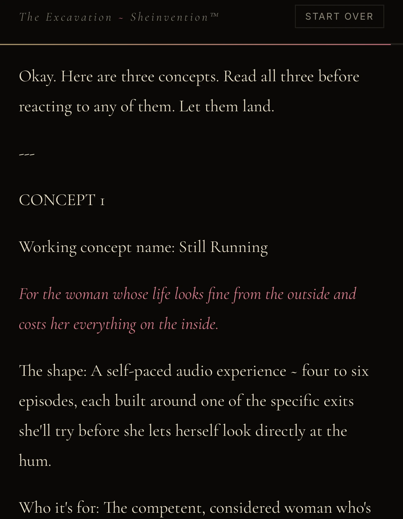 The Excavation presenting Tahlia's first magnetic offer concept, Still Running.