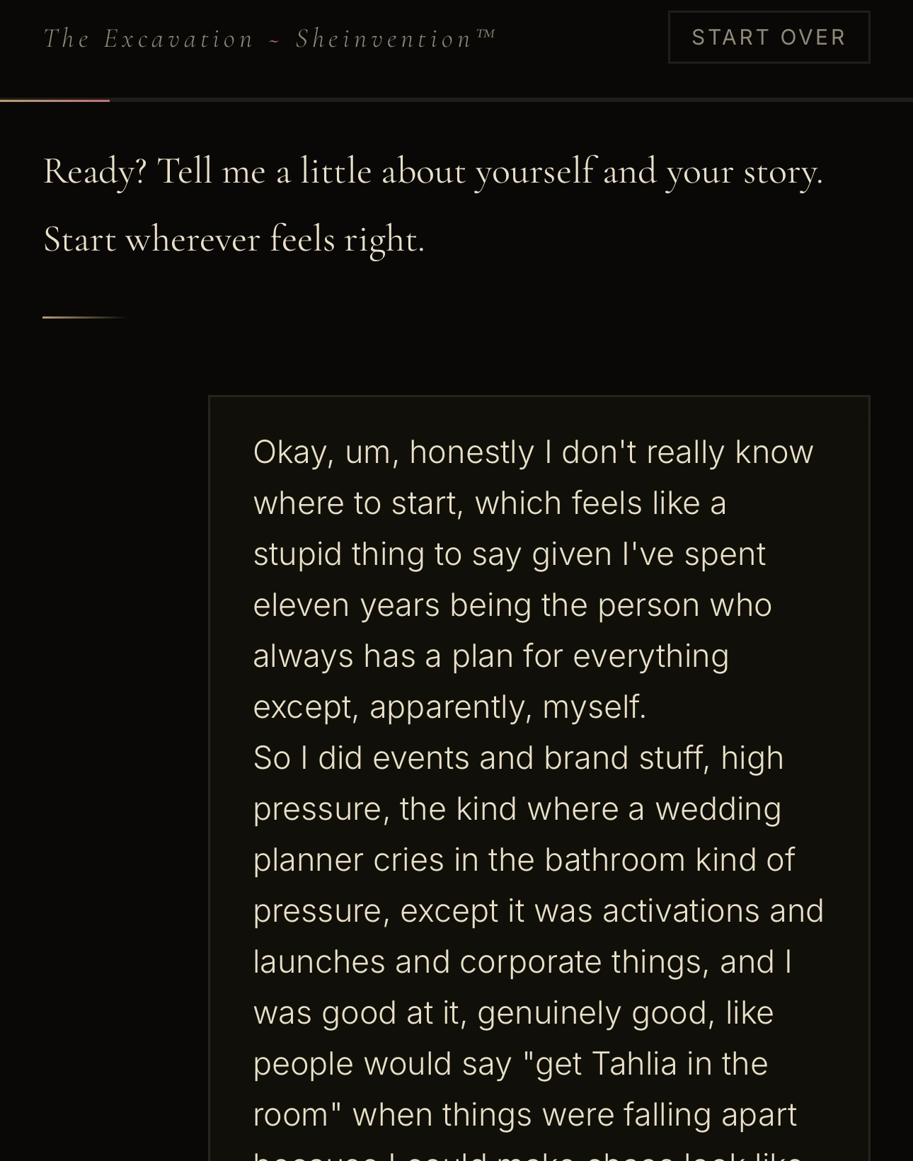 A guided Excavation prompt inviting Tahlia to share her story, followed by the beginning of her personal answer.