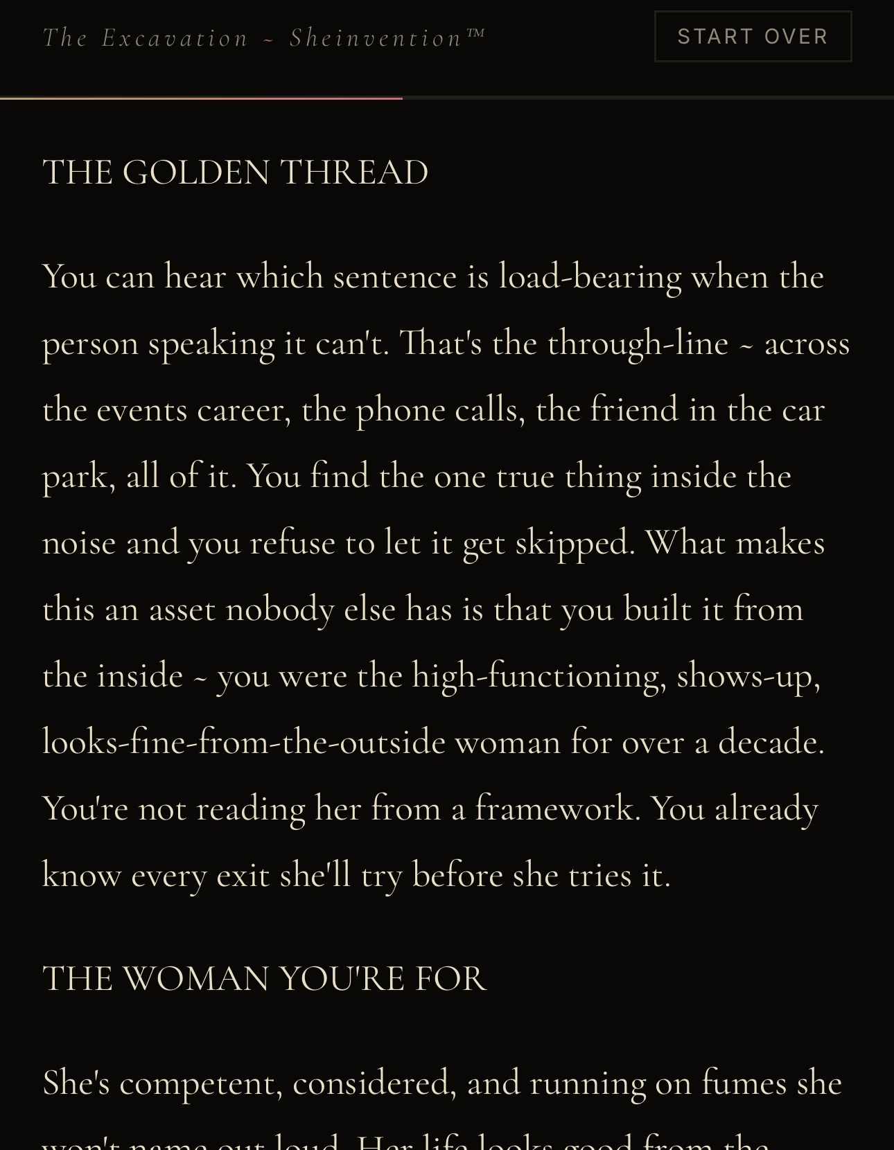 The Excavation Golden Thread reveal identifying the deeper through-line in Tahlia's story.