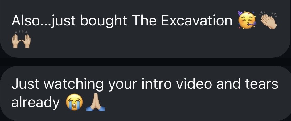 Client message saying she is in tears after watching the Excavation introduction video.