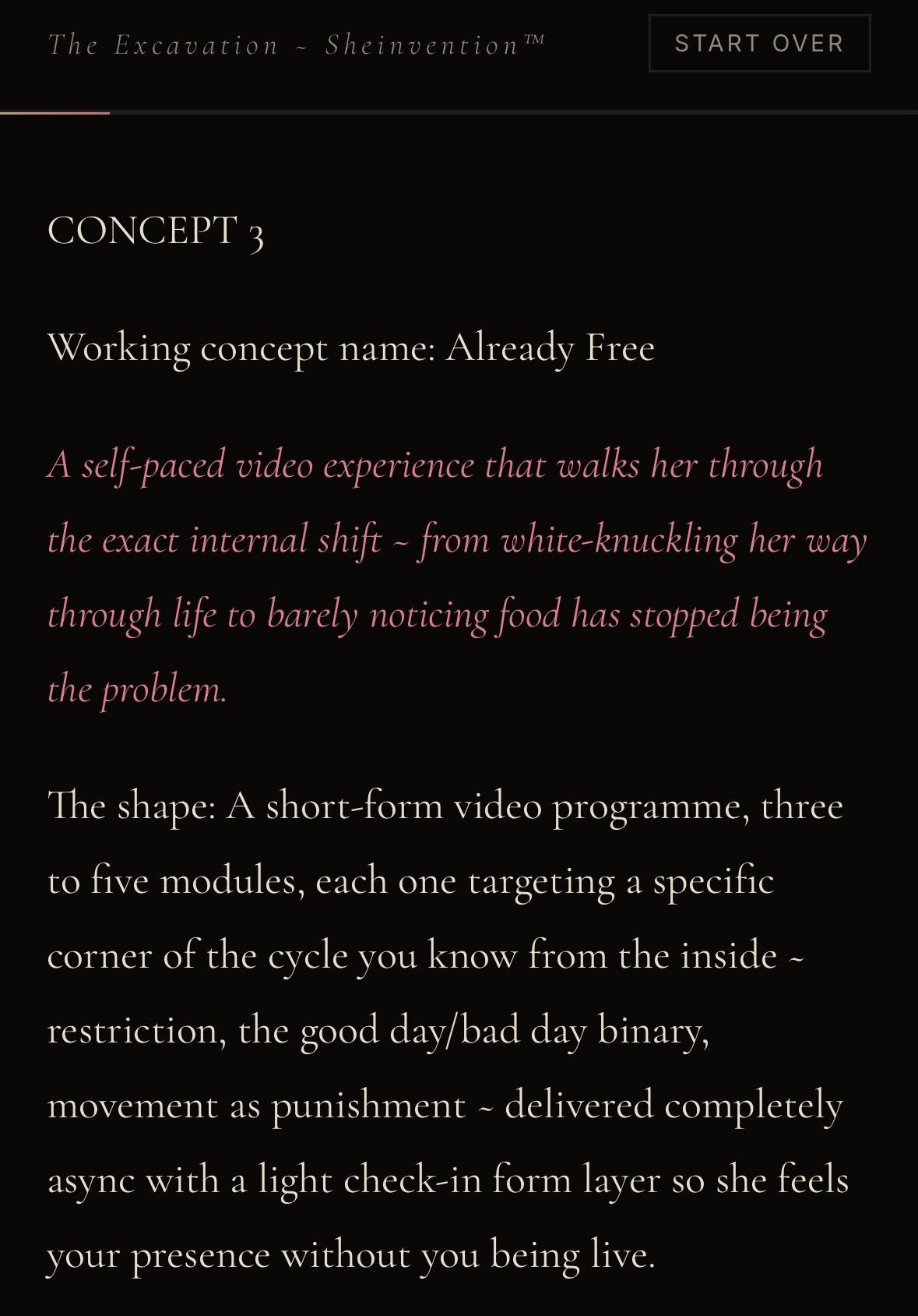 Katja's Excavation offer concept, Already Free, framed with the Excavation experience header and showing a short-form video experience, its modules, transformation and asynchronous delivery model.